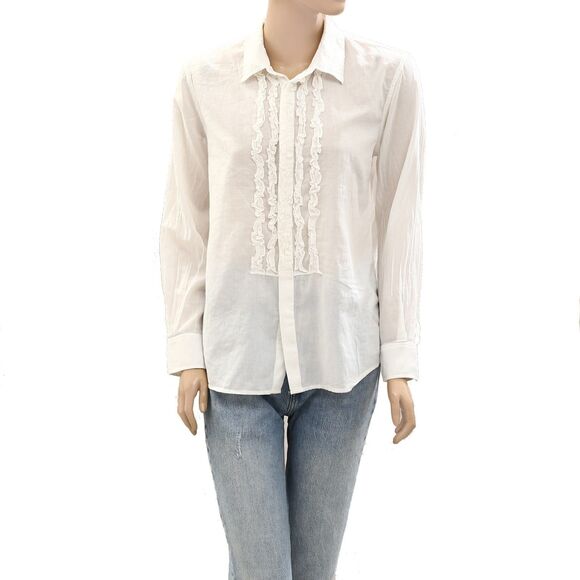Nili Lotan Nathael Shirt Tunic Top Buttondown Ruffle Cotton Ivory M NEW 283751 - Picture 7 of 10